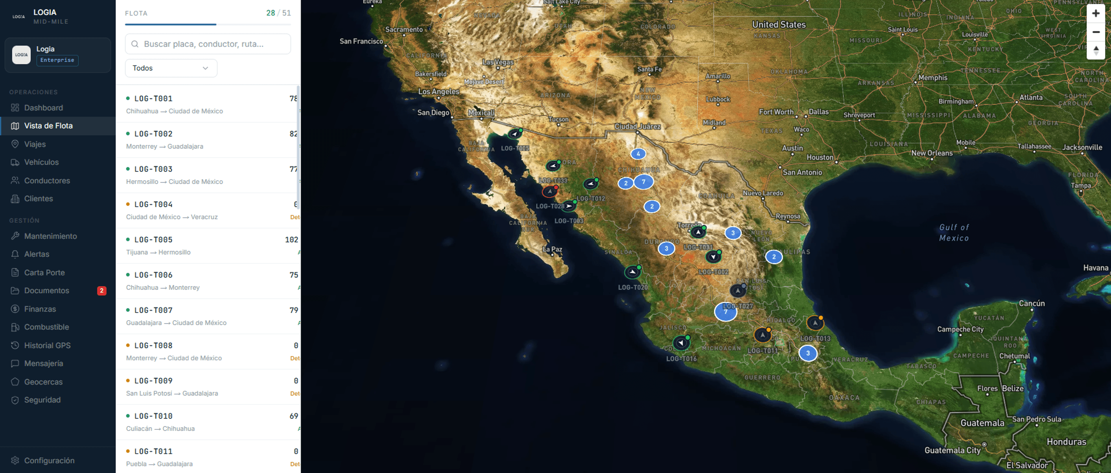 Mapa de flotilla en vivo en el portal LOGIA con las unidades activas y su ubicación en tiempo real.