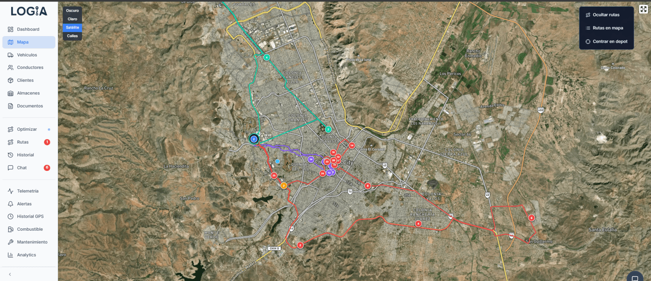 Mapa de LOGIA con las rutas de reparto urbano ya trazadas para cada conductor.