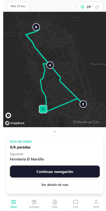 App del conductor de LOGIA para última milla con la ruta del día y la confirmación de entrega.
