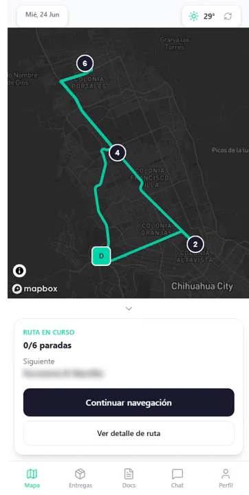 App del conductor de LOGIA Last-Mile con la ruta en curso sobre el mapa y la siguiente entrega.