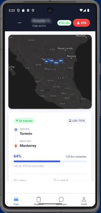 App del conductor de LOGIA Mid-Mile: viaje activo en tránsito con origen, destino y avance del recorrido.