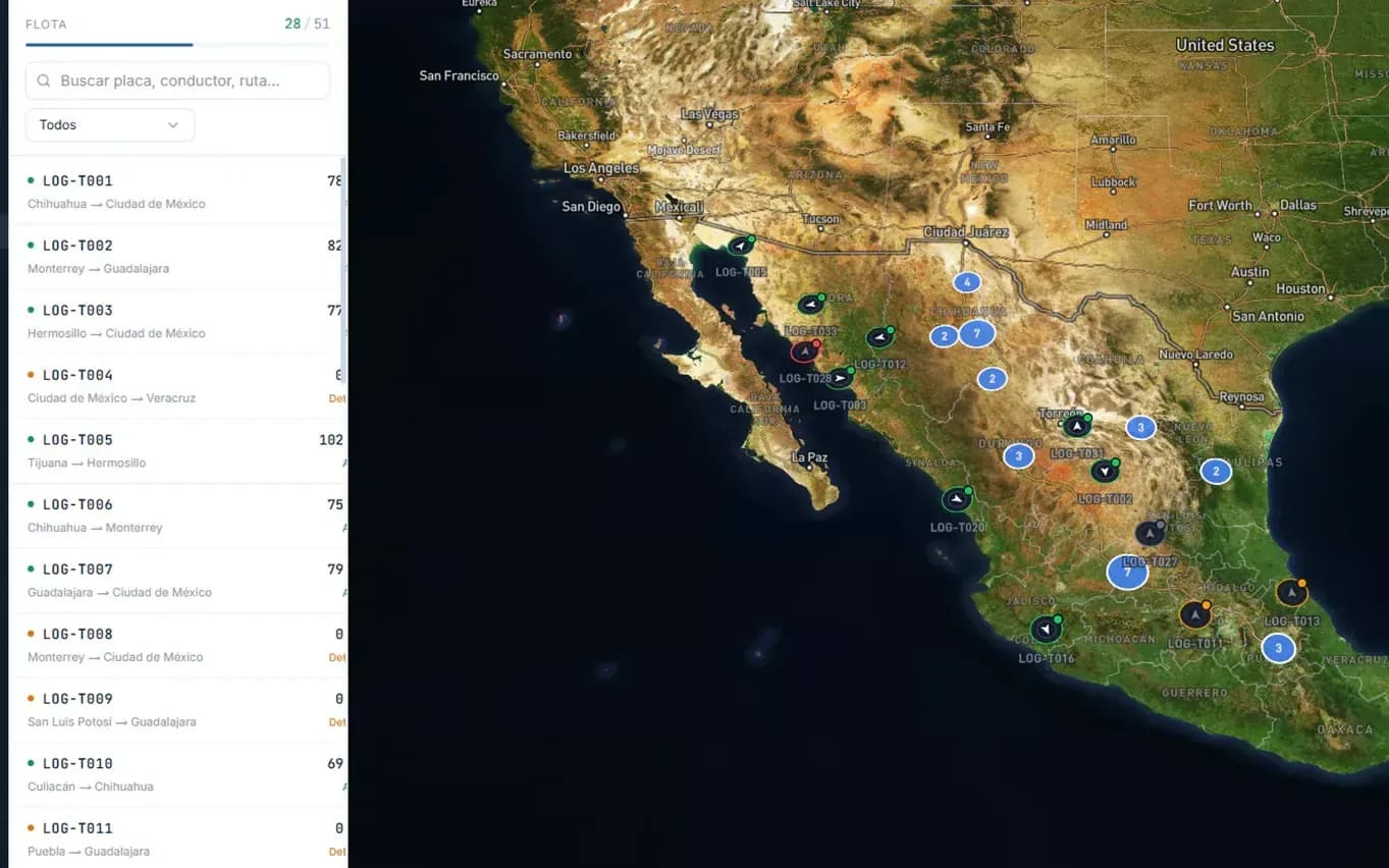 Vista de flotilla del portal LOGIA Mid-Mile: lista de unidades con su viaje y el mapa de México con cada tractocamión en tiempo real.