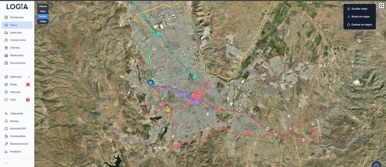 Mapa de LOGIA Last-Mile con las rutas de reparto del día trazadas por color y numeradas por parada.