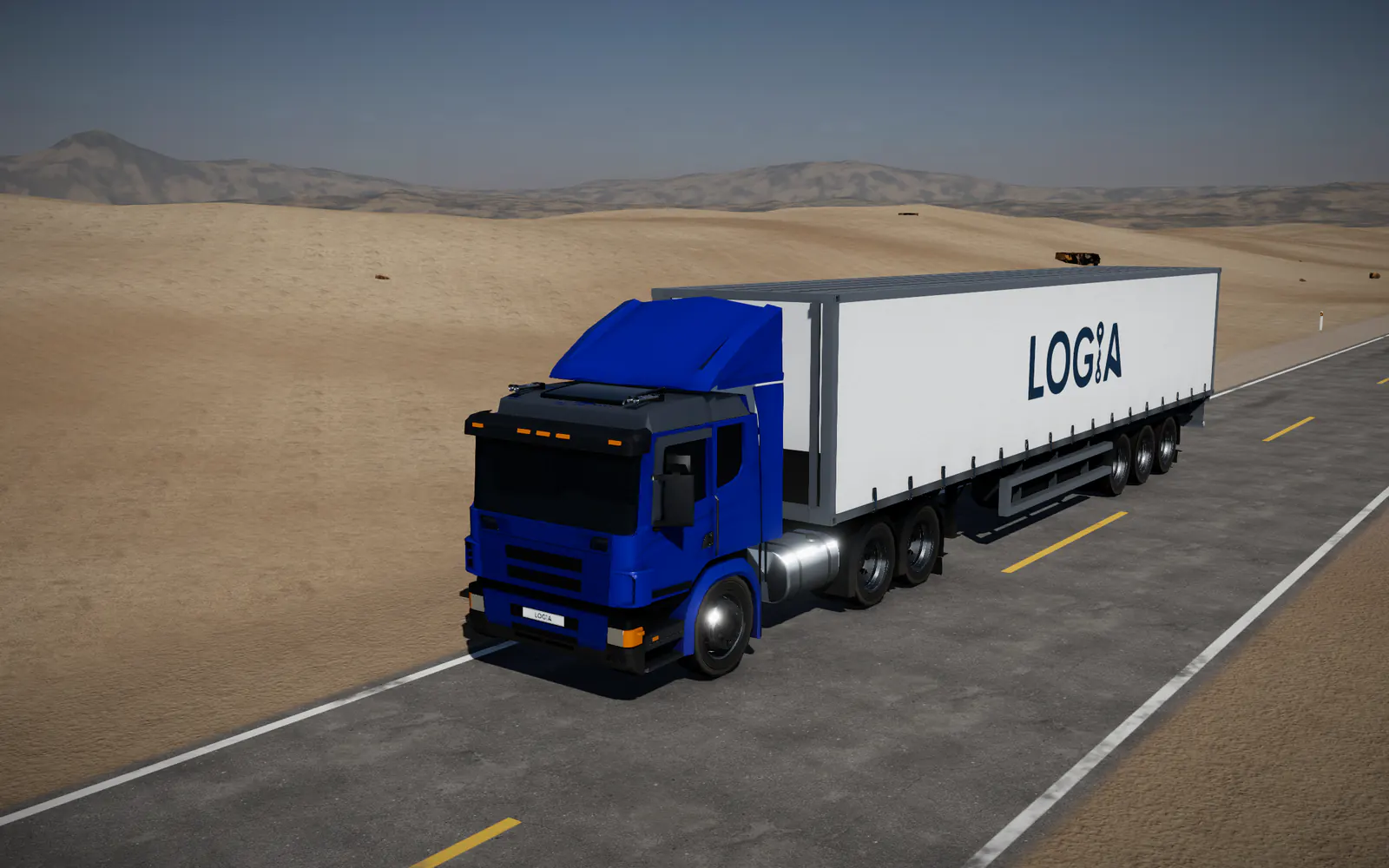 Tractocamión LOGIA visto desde arriba, de tres cuartos al frente, con la cabina señalada: ahí se conecta el rastreador a la computadora del tractocamión.