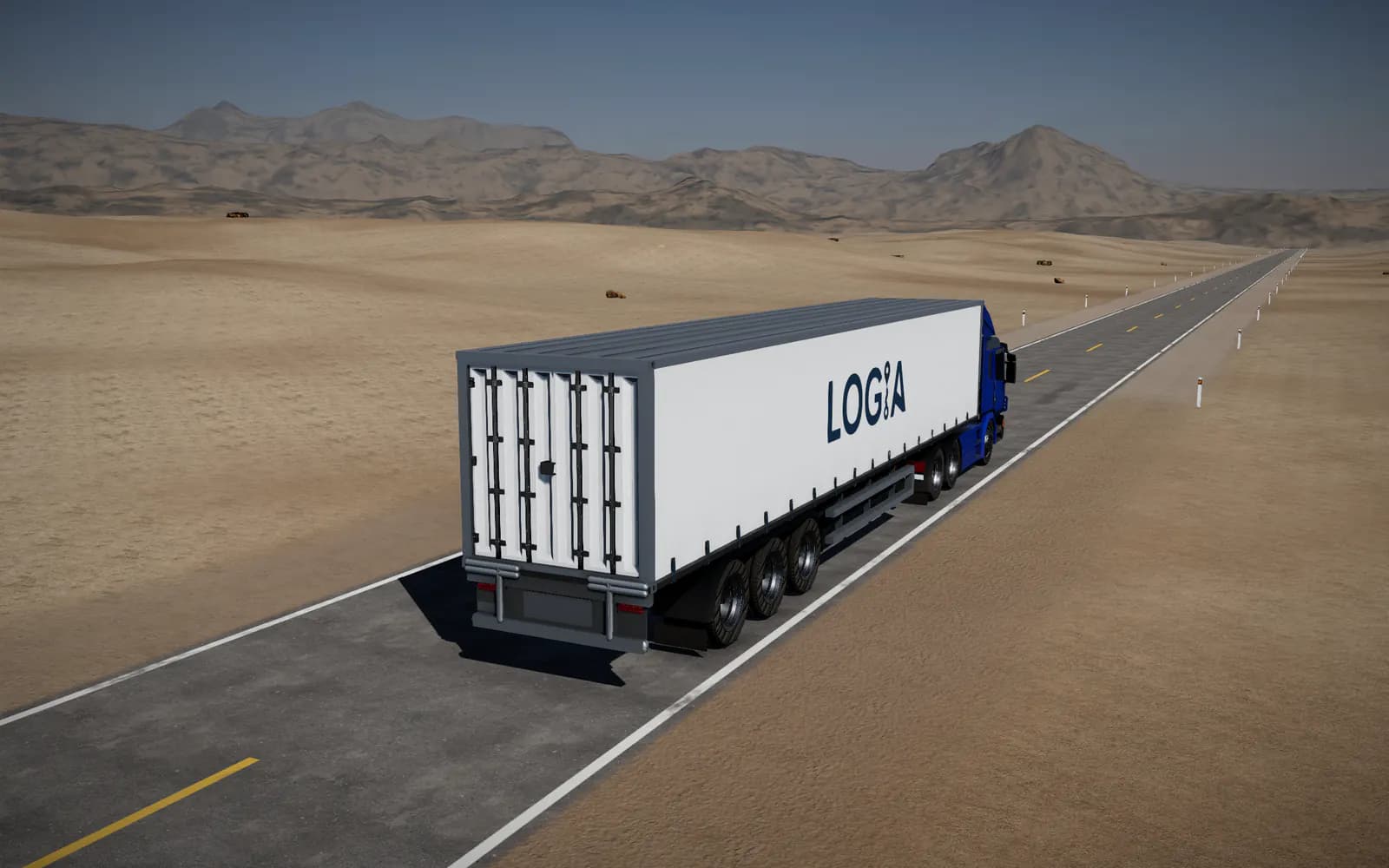 Remolque del tractocamión visto desde arriba, de tres cuartos trasero, con la caja y las puertas traseras señaladas: ahí mide el sensor inalámbrico.