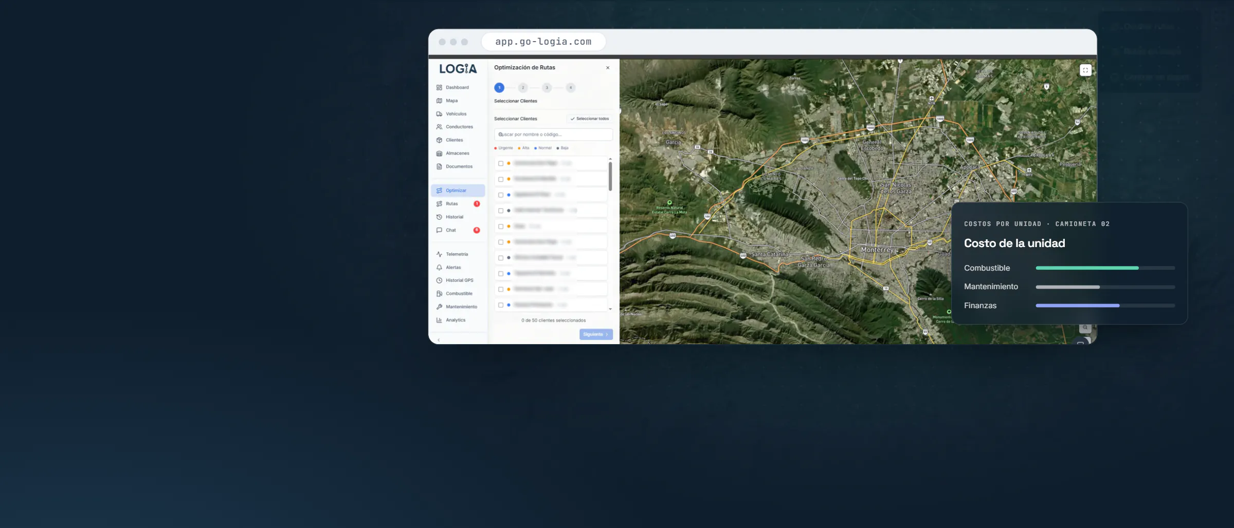 Composición de LOGIA Last-Mile: el asistente de optimización de rutas del portal, con la lista de clientes a visitar y el mapa, junto a los costos por unidad.