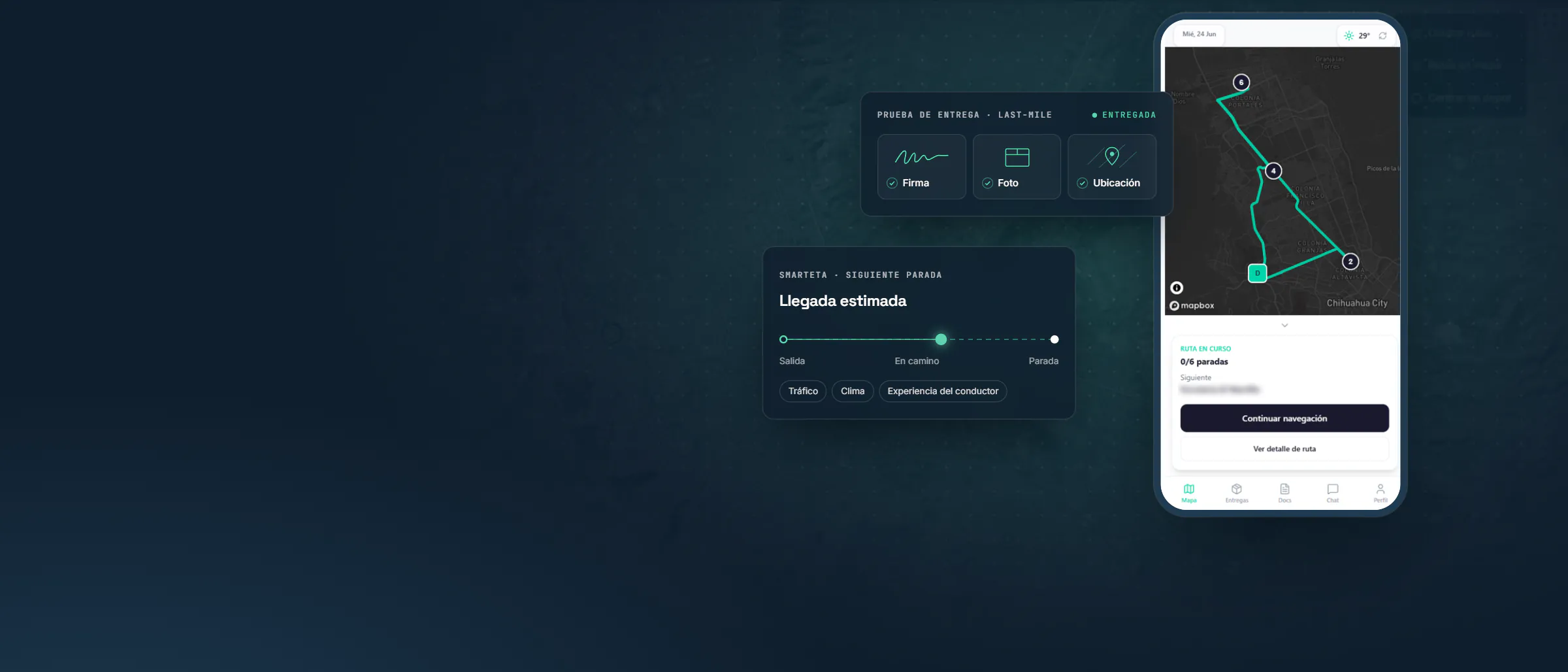 Composición de LOGIA Last-Mile: la app del conductor con su ruta en curso, junto a la prueba de entrega con firma, foto y ubicación y la hora de llegada estimada de SmartETA.