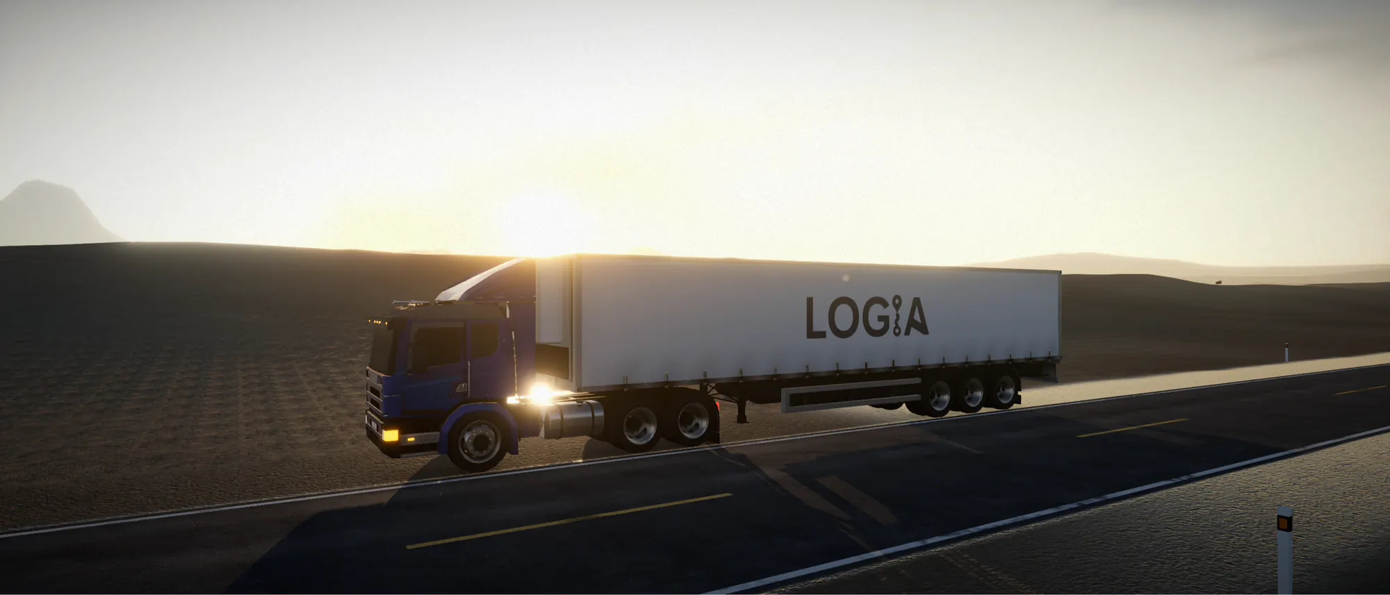 Tractocamión LOGIA con remolque refrigerado, con el equipo de frío al frente de la caja, en carretera al atardecer.