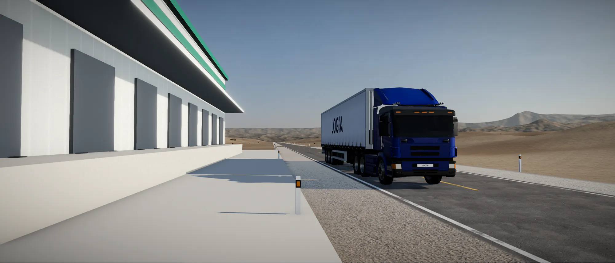 Tractocamión LOGIA llegando a los andenes de un centro de distribución.